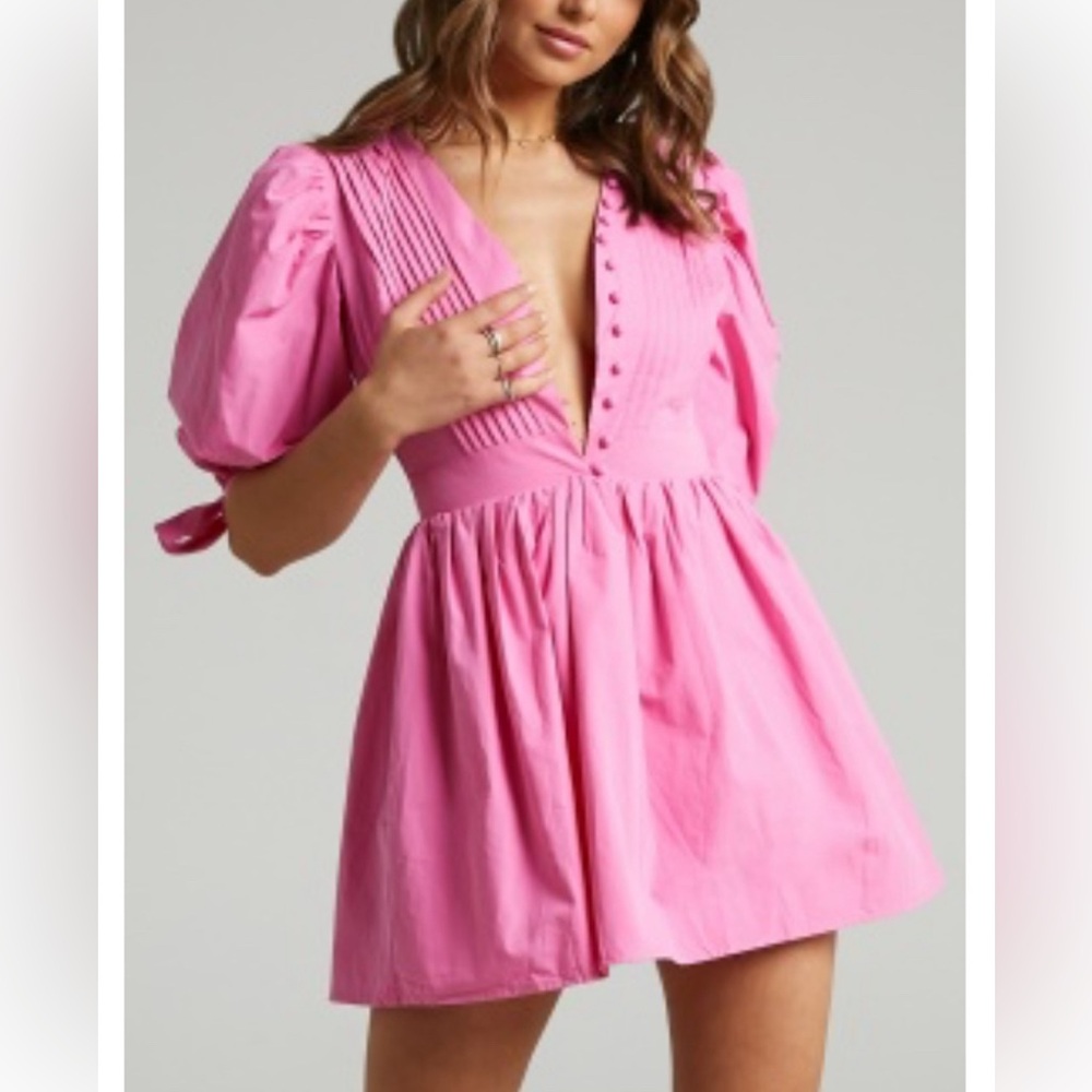 Showpo ZANDRA PUFF SLEEVE POPLIN MINI DRESS IN ICE PINK